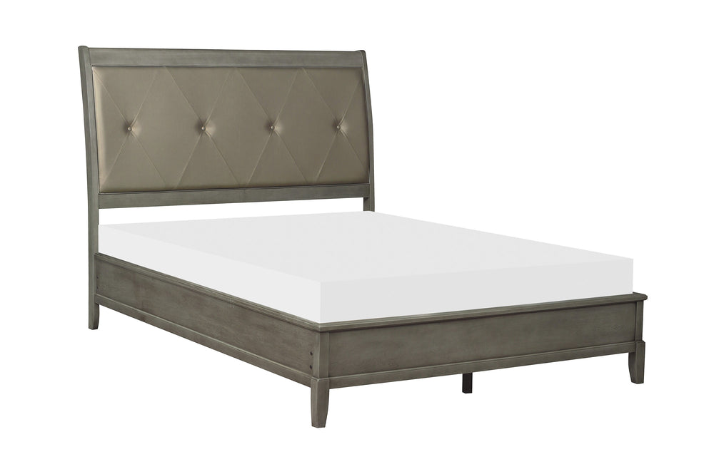 English Elm Transitional Gray Finish Full Bed with Button-Tufted Upholstered Headboard, X-Stitch Detail, Birch Veneer B011S01799