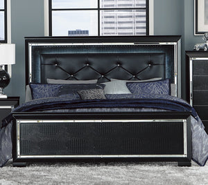 English Elm Black Allura Queen Bed with LED Backlit Tufted Headboard, Beveled Mirror Frame, Faux Alligator Embossed Panels Black 70 L x 38.25 W x 4.5 H B011S00153
