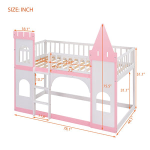 English Elm Twin Over Castle Bunk Bed Solid Pine Frame Kids Playroom Storybook Design LT000799AAH