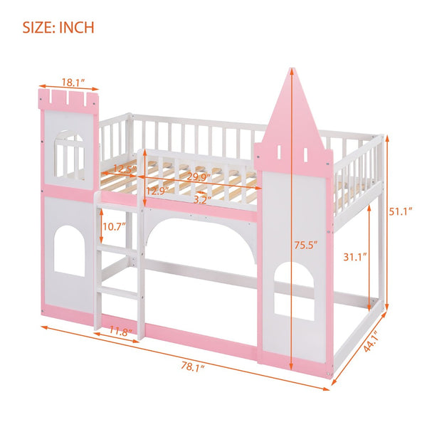 English Elm Twin Over Castle Bunk Bed Solid Pine Frame Kids Playroom Storybook Design LT000799AAH