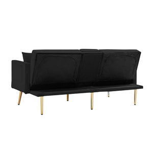 English Elm Black Velvet Futon Sofa Bed with Gold Legs, Convertible Velvet Recliner with Cup Holders, Pockets, Pillows and Sinuous Spring Comfort W58849089