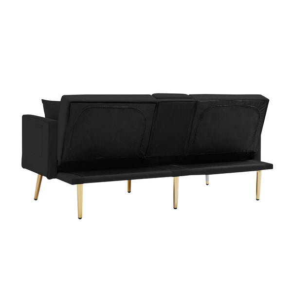 English Elm Black Velvet Futon Sofa Bed with Gold Legs, Convertible Velvet Recliner with Cup Holders, Pockets, Pillows and Sinuous Spring Comfort W58849089