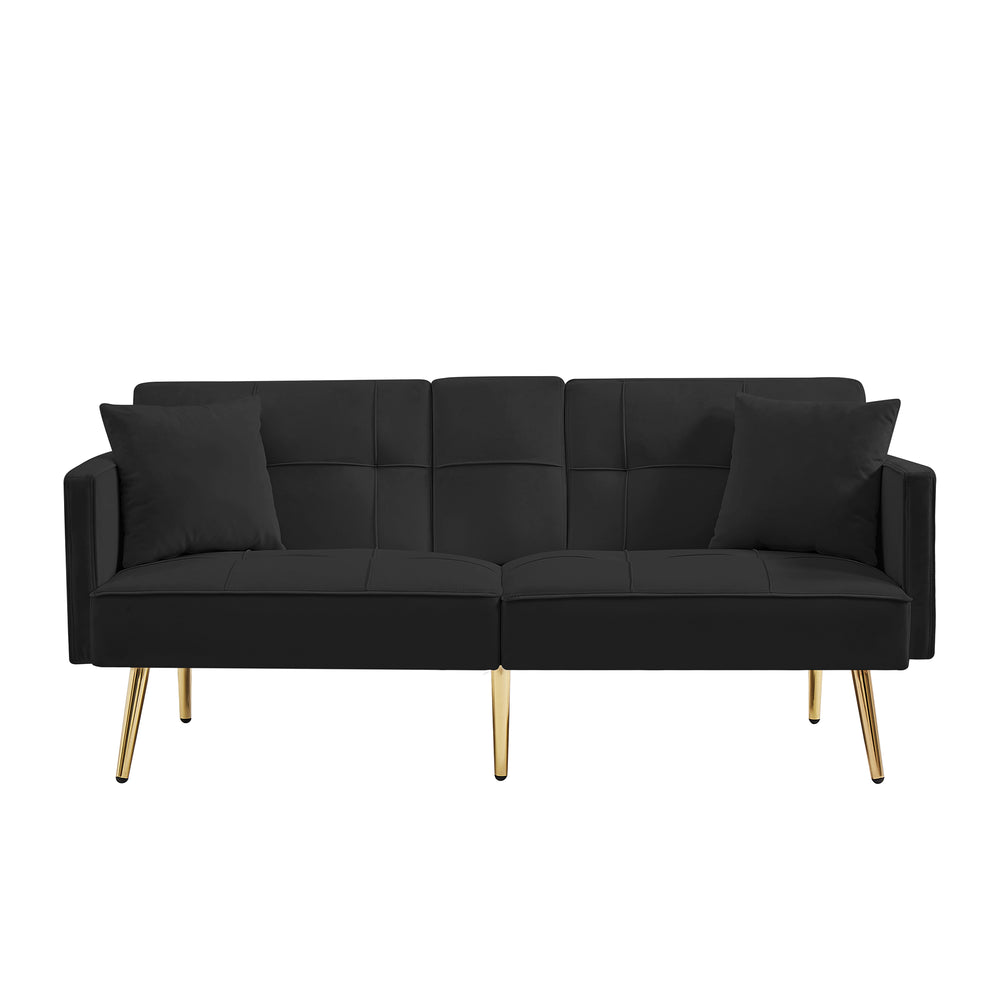 English Elm Black Velvet Futon Sofa Bed with Gold Legs, Convertible Velvet Recliner with Cup Holders, Pockets, Pillows and Sinuous Spring Comfort W58849089