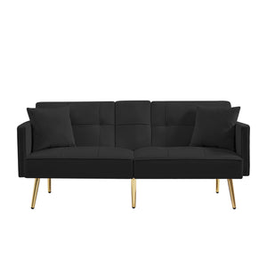 English Elm Black Velvet Futon Sofa Bed with Gold Legs, Convertible Velvet Recliner with Cup Holders, Pockets, Pillows and Sinuous Spring Comfort W58849089