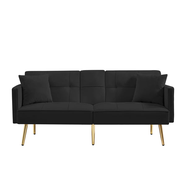 English Elm Black Velvet Futon Sofa Bed with Gold Legs, Convertible Velvet Recliner with Cup Holders, Pockets, Pillows and Sinuous Spring Comfort W58849089