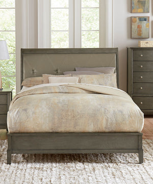 English Elm Transitional Queen Bed with Louvered Headboard in Cool Finish over Birch Veneer, Modern Accent Gray 64.25 L x 37 W x 5.75 H B011S00158