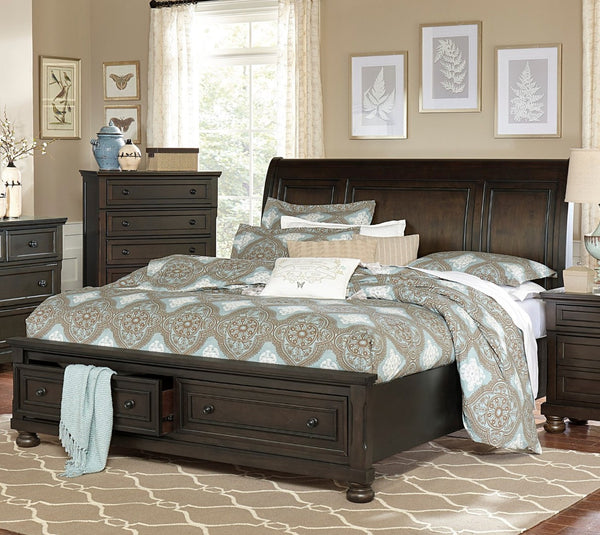 English Elm Grayish Brown Sleigh Bed California King Footboard Storage Drawers Transitional Wood Frame B011S00237
