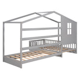 Hearth and Haven Zenith Twin Size L-Shaped House Bed with Fence and Slatted Wood Frame, Grey LP000345AAE