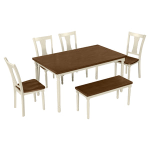 Hearth and Haven Sophia 6 Piece Dining Set Wooden Table and 4 Chairs with Bench, Brown and Cottage White