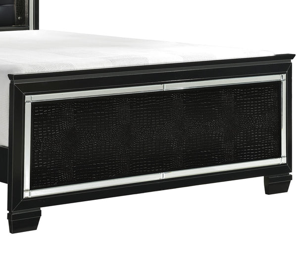 English Elm Black Allura Queen Bed with LED Backlit Tufted Headboard, Beveled Mirror Frame, Faux Alligator Embossed Panels Black 70 L x 38.25 W x 4.5 H B011S00153