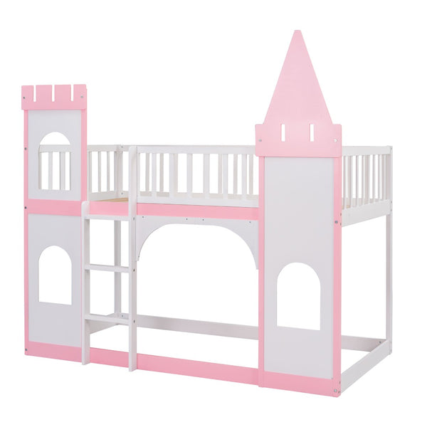 English Elm Twin Over Castle Bunk Bed Solid Pine Frame Kids Playroom Storybook Design LT000799AAH