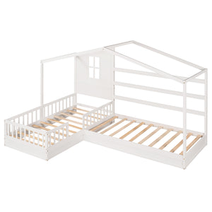 Hearth and Haven Zenith Twin Size L-Shaped House Bed with Fence and Slatted Wood Frame, White LP000345AAK