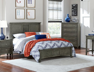 English Elm Transitional Queen Bed with Louvered Headboard in Cool Finish over Birch Veneer, Modern Accent Gray 67.5 L x 29.75 W x 4.5 H B011S00154