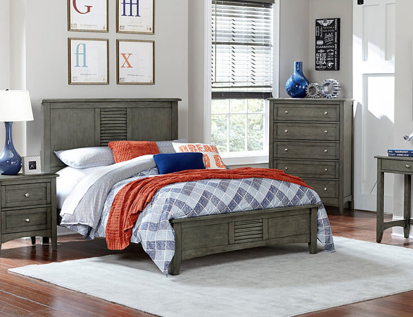 English Elm Transitional Queen Bed with Louvered Headboard in Cool Finish over Birch Veneer, Modern Accent Gray 67.5 L x 29.75 W x 4.5 H B011S00154