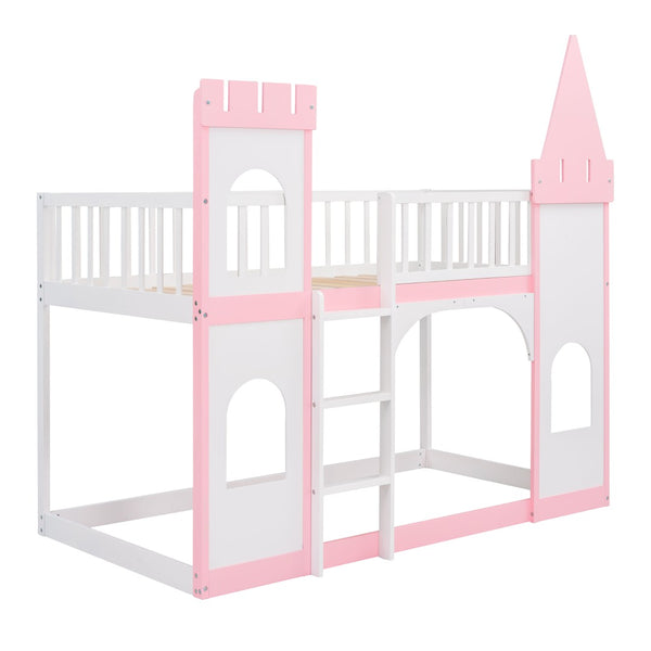 English Elm Twin Over Castle Bunk Bed Solid Pine Frame Kids Playroom Storybook Design LT000799AAH