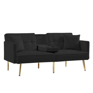 English Elm Black Velvet Futon Sofa Bed with Gold Legs, Convertible Velvet Recliner with Cup Holders, Pockets, Pillows and Sinuous Spring Comfort W58849089