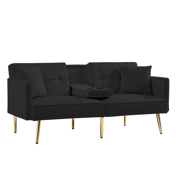 English Elm Black Velvet Futon Sofa Bed with Gold Legs, Convertible Velvet Recliner with Cup Holders, Pockets, Pillows and Sinuous Spring Comfort W58849089