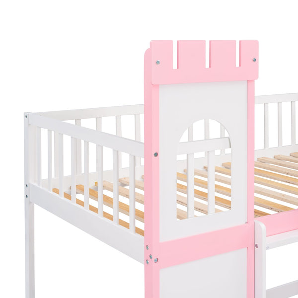 English Elm Twin Over Castle Bunk Bed Solid Pine Frame Kids Playroom Storybook Design LT000799AAH