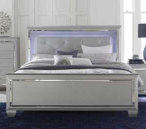 English Elm Silver Allura Queen Bed with LED Tufted Faux Leather Headboard, Mirrored Bevels & Under-Light Glam B011S00152