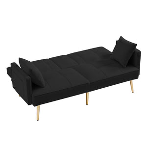 English Elm Black Velvet Futon Sofa Bed with Gold Legs, Convertible Velvet Recliner with Cup Holders, Pockets, Pillows and Sinuous Spring Comfort W58849089