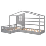 Hearth and Haven Zenith Twin Size L-Shaped House Bed with Fence and Slatted Wood Frame, Grey LP000345AAE