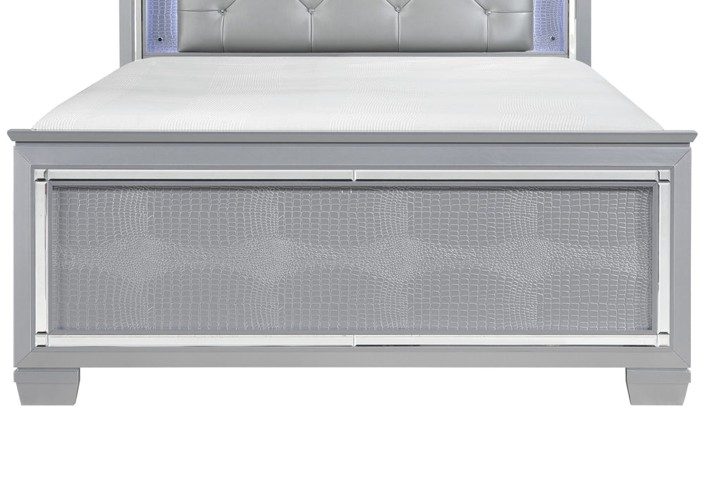 English Elm Silver Allura Queen Bed with LED Tufted Faux Leather Headboard, Mirrored Bevels & Under-Light Glam B011S00152