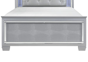 English Elm Silver Allura Queen Bed with LED Tufted Faux Leather Headboard, Mirrored Bevels & Under-Light Glam B011S00152
