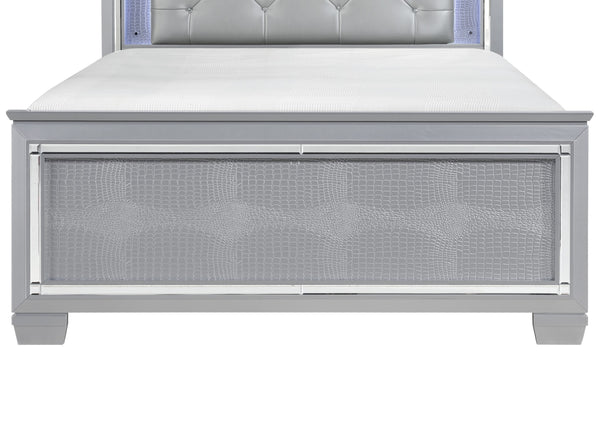 English Elm Silver Allura Queen Bed with LED Tufted Faux Leather Headboard, Mirrored Bevels & Under-Light Glam B011S00152