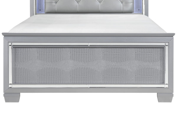 English Elm Glam Silver King Bed Led Headboard Faux Leather Tufted Alligator Panel Frame B011S02275