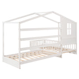 Hearth and Haven Zenith Twin Size L-Shaped House Bed with Fence and Slatted Wood Frame, White LP000345AAK
