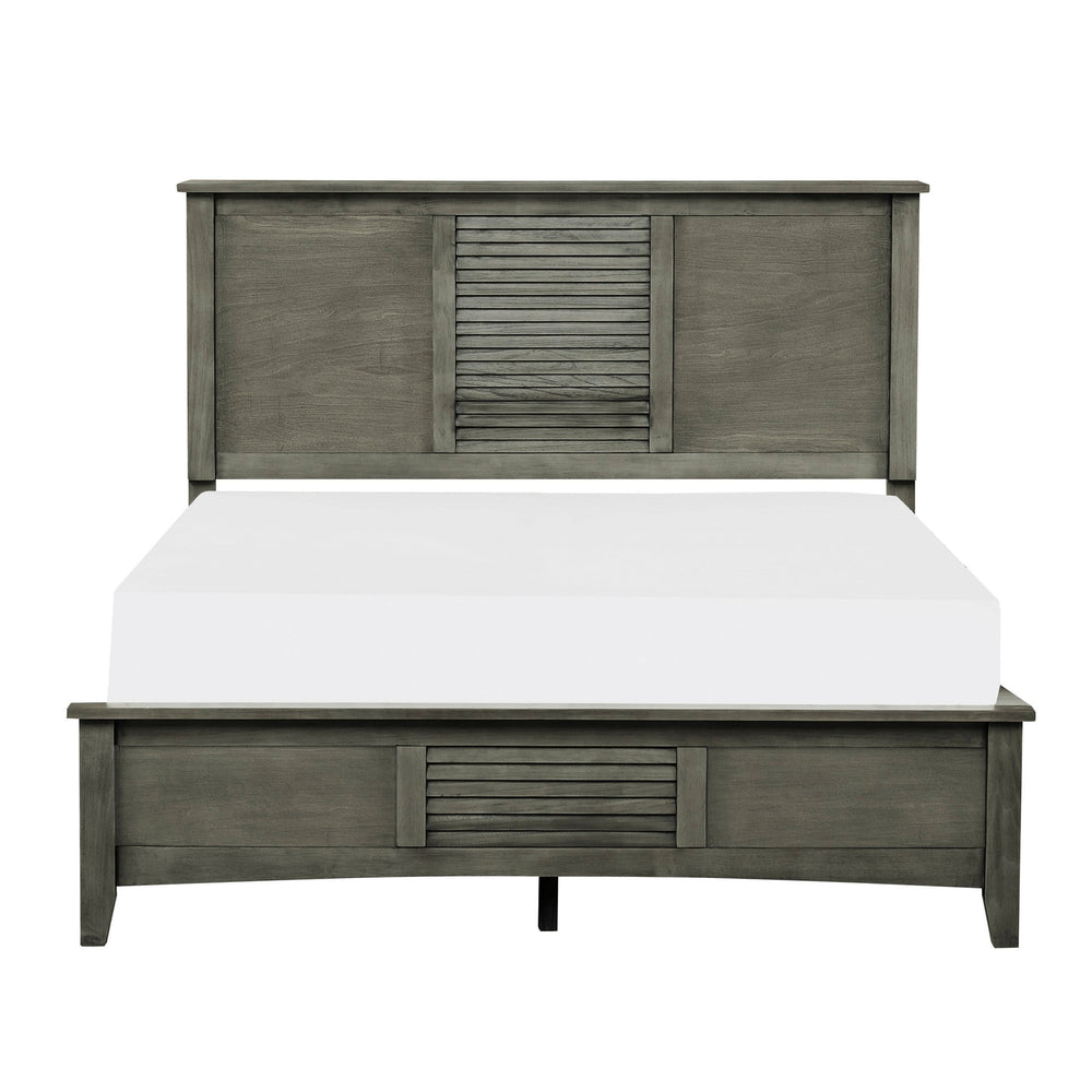 English Elm Transitional Queen Bed with Louvered Headboard in Cool Finish over Birch Veneer, Modern Accent Gray 67.5 L x 29.75 W x 4.5 H B011S00154
