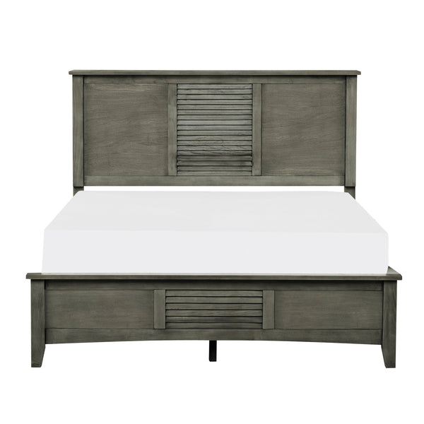 English Elm Transitional Queen Bed with Louvered Headboard in Cool Finish over Birch Veneer, Modern Accent Gray 67.5 L x 29.75 W x 4.5 H B011S00154
