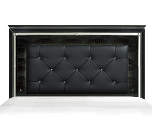 English Elm Black Allura Queen Bed with LED Backlit Tufted Headboard, Beveled Mirror Frame, Faux Alligator Embossed Panels Black 70 L x 38.25 W x 4.5 H B011S00153
