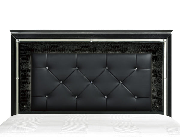 English Elm Black Allura Queen Bed with LED Backlit Tufted Headboard, Beveled Mirror Frame, Faux Alligator Embossed Panels Black 70 L x 38.25 W x 4.5 H B011S00153
