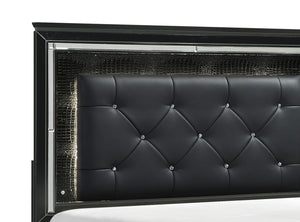 English Elm Black Allura Queen Bed with LED Backlit Tufted Headboard, Beveled Mirror Frame, Faux Alligator Embossed Panels Black 70 L x 38.25 W x 4.5 H B011S00153