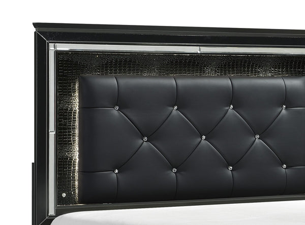 English Elm Black Allura Queen Bed with LED Backlit Tufted Headboard, Beveled Mirror Frame, Faux Alligator Embossed Panels Black 70 L x 38.25 W x 4.5 H B011S00153