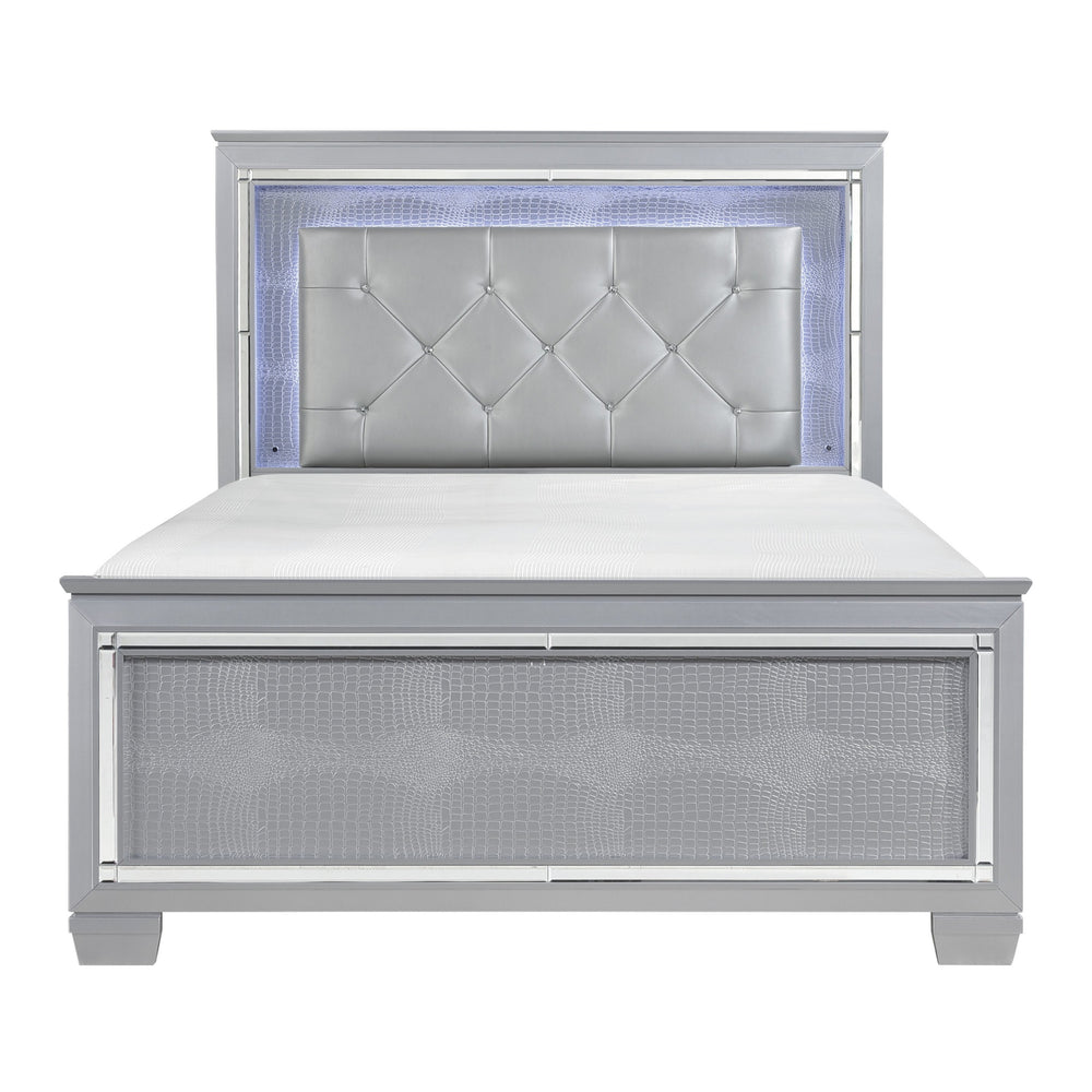 English Elm Silver Allura Queen Bed with LED Tufted Faux Leather Headboard, Mirrored Bevels & Under-Light Glam B011S00152