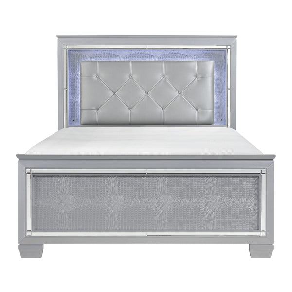 English Elm Silver Allura Queen Bed with LED Tufted Faux Leather Headboard, Mirrored Bevels & Under-Light Glam B011S00152