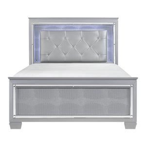 English Elm Glam Silver King Bed Led Headboard Faux Leather Tufted Alligator Panel Frame B011S02275