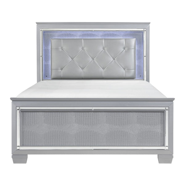 English Elm Glam Silver King Bed Led Headboard Faux Leather Tufted Alligator Panel Frame B011S02275
