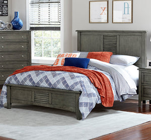English Elm Transitional Queen Bed with Louvered Headboard in Cool Finish over Birch Veneer, Modern Accent Gray 67.5 L x 29.75 W x 4.5 H B011S00154