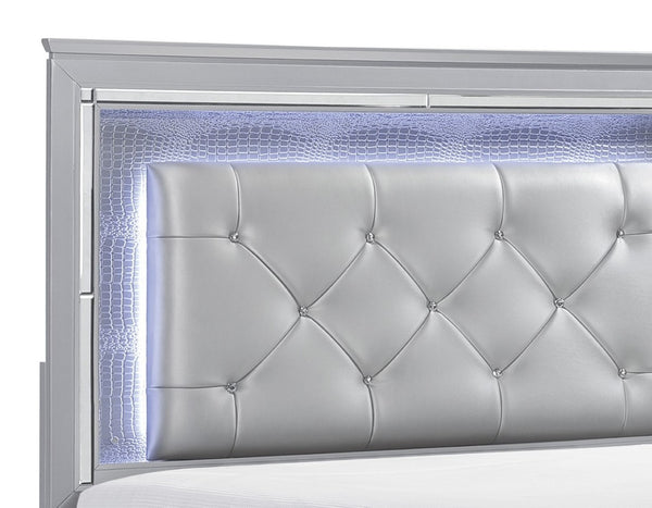 English Elm Glam Silver King Bed Led Headboard Faux Leather Tufted Alligator Panel Frame B011S02275
