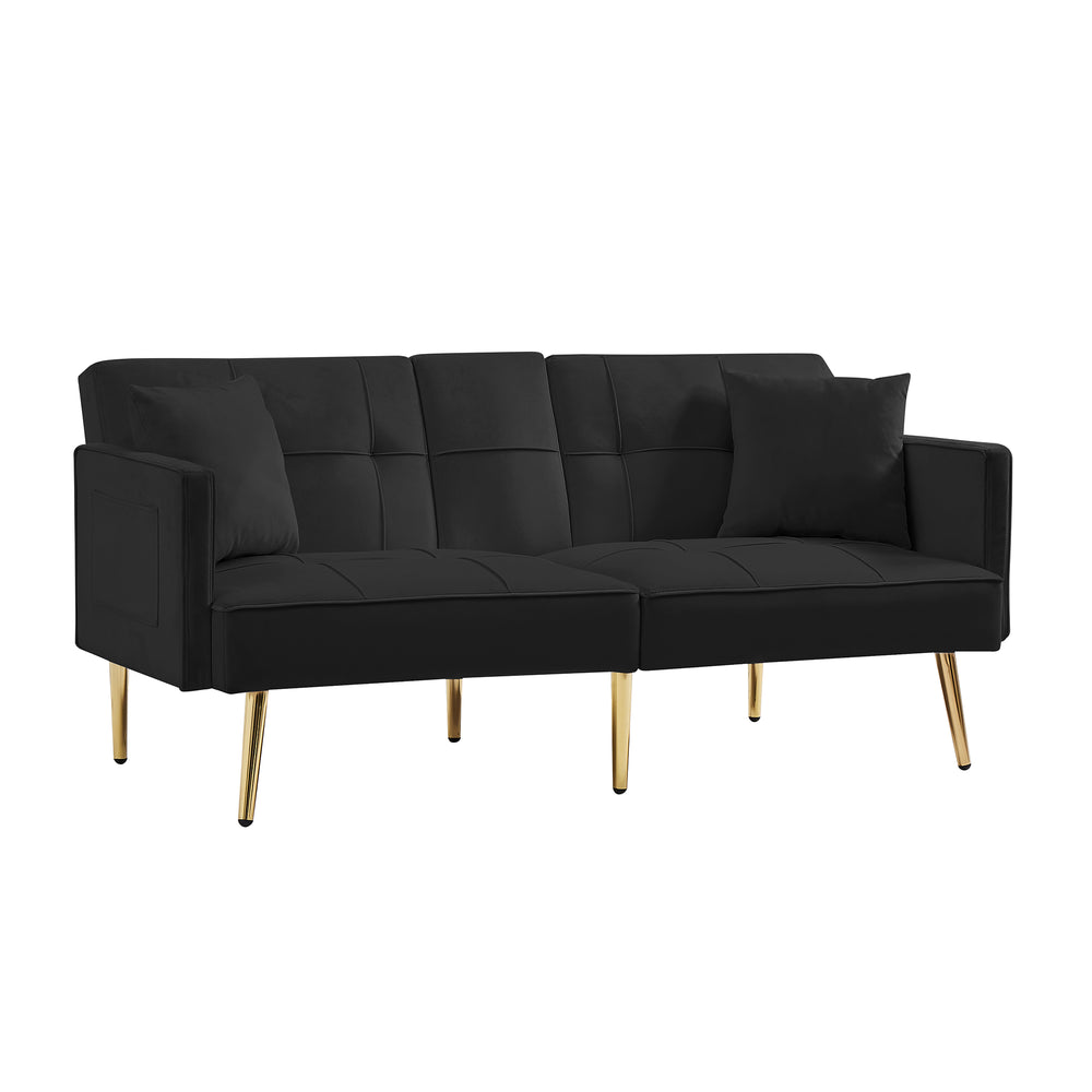 English Elm Black Velvet Futon Sofa Bed with Gold Legs, Convertible Velvet Recliner with Cup Holders, Pockets, Pillows and Sinuous Spring Comfort W58849089