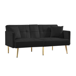 English Elm Black Velvet Futon Sofa Bed with Gold Legs, Convertible Velvet Recliner with Cup Holders, Pockets, Pillows and Sinuous Spring Comfort W58849089