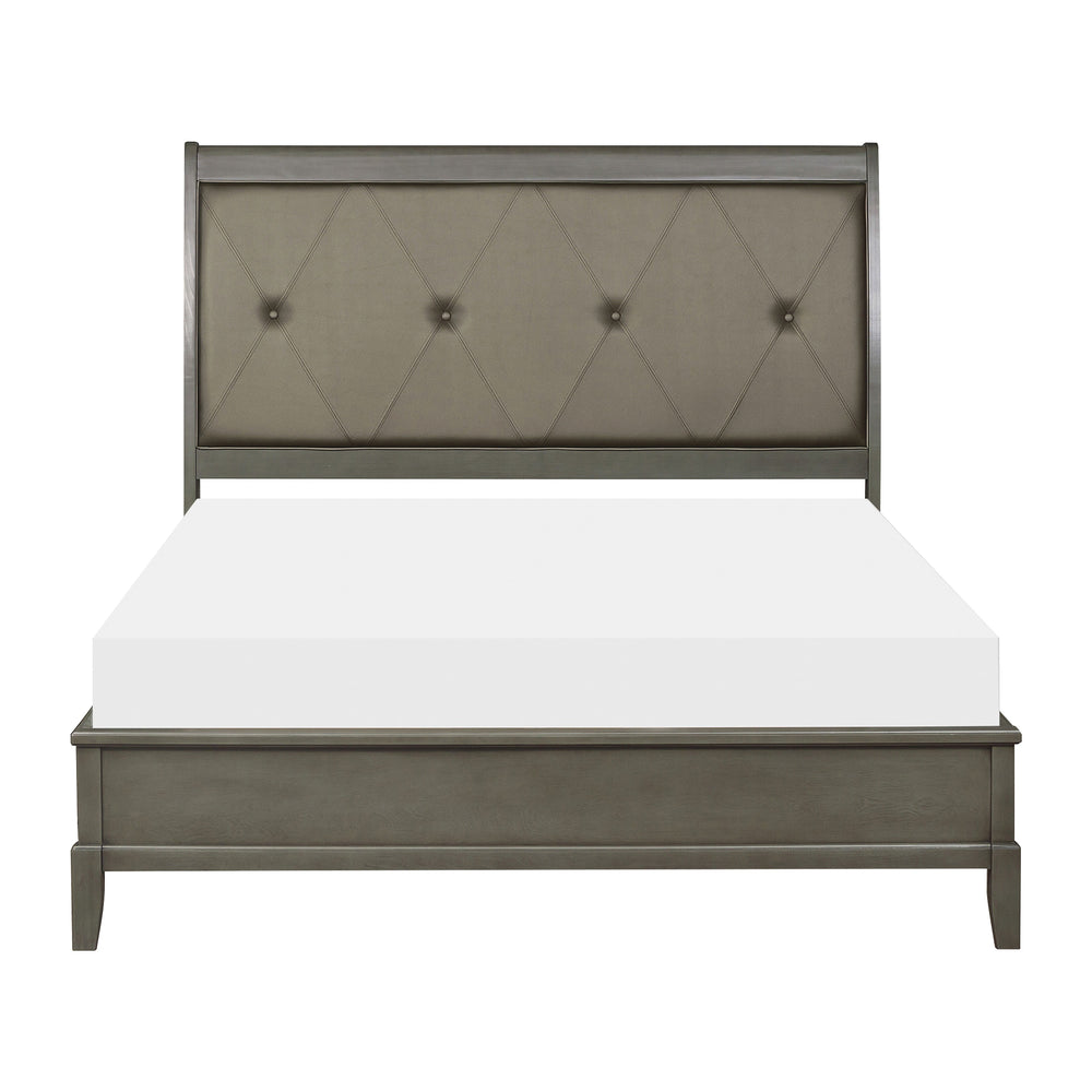 English Elm Transitional Gray Finish Full Bed with Button-Tufted Upholstered Headboard, X-Stitch Detail, Birch Veneer B011S01799