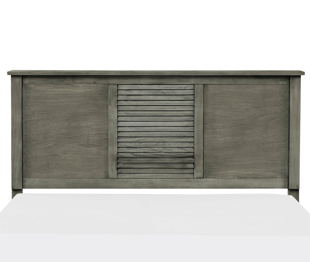 English Elm Transitional Queen Bed with Louvered Headboard in Cool Finish over Birch Veneer, Modern Accent Gray 67.5 L x 29.75 W x 4.5 H B011S00154