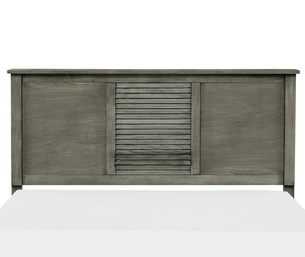 English Elm Transitional Queen Bed with Louvered Headboard in Cool Finish over Birch Veneer, Modern Accent Gray 67.5 L x 29.75 W x 4.5 H B011S00154