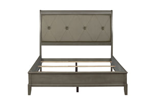 English Elm Transitional Gray Finish Full Bed with Button-Tufted Upholstered Headboard, X-Stitch Detail, Birch Veneer B011S01799