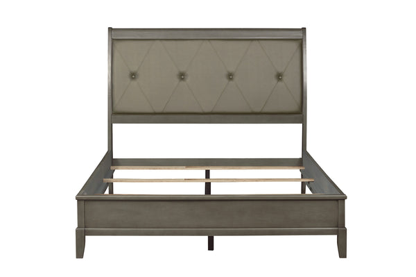 English Elm Transitional Gray Finish Full Bed with Button-Tufted Upholstered Headboard, X-Stitch Detail, Birch Veneer B011S01799