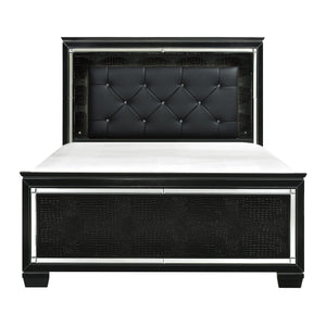 English Elm Black Allura Queen Bed with LED Backlit Tufted Headboard, Beveled Mirror Frame, Faux Alligator Embossed Panels Black 70 L x 38.25 W x 4.5 H B011S00153